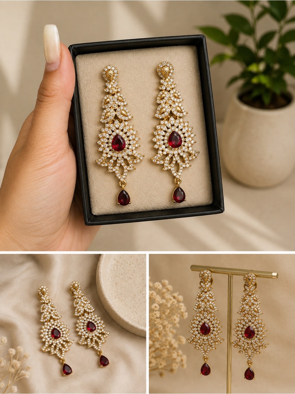 Touchstone Crystal Gold Filigree Earrings with Deep Red Stones
